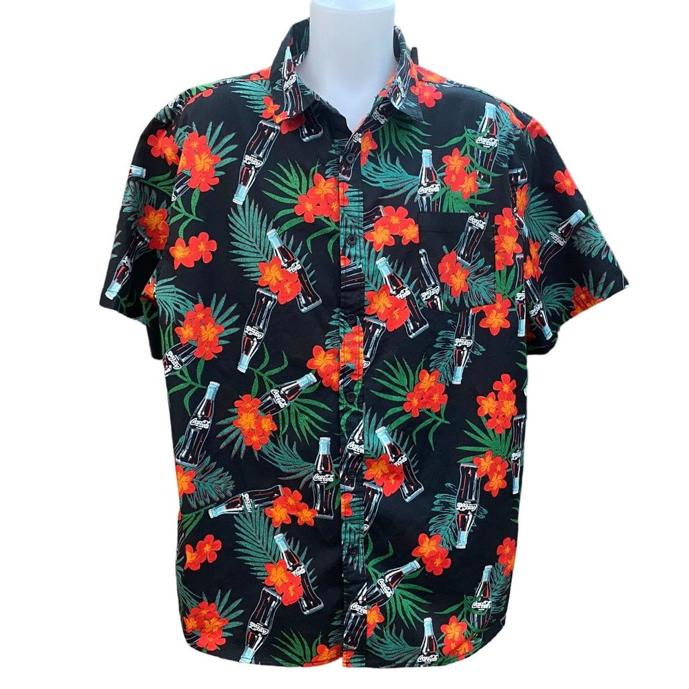 Coca-Cola Black Men XXL  Hawaiian Button Up Shirt Floral Tropical Print